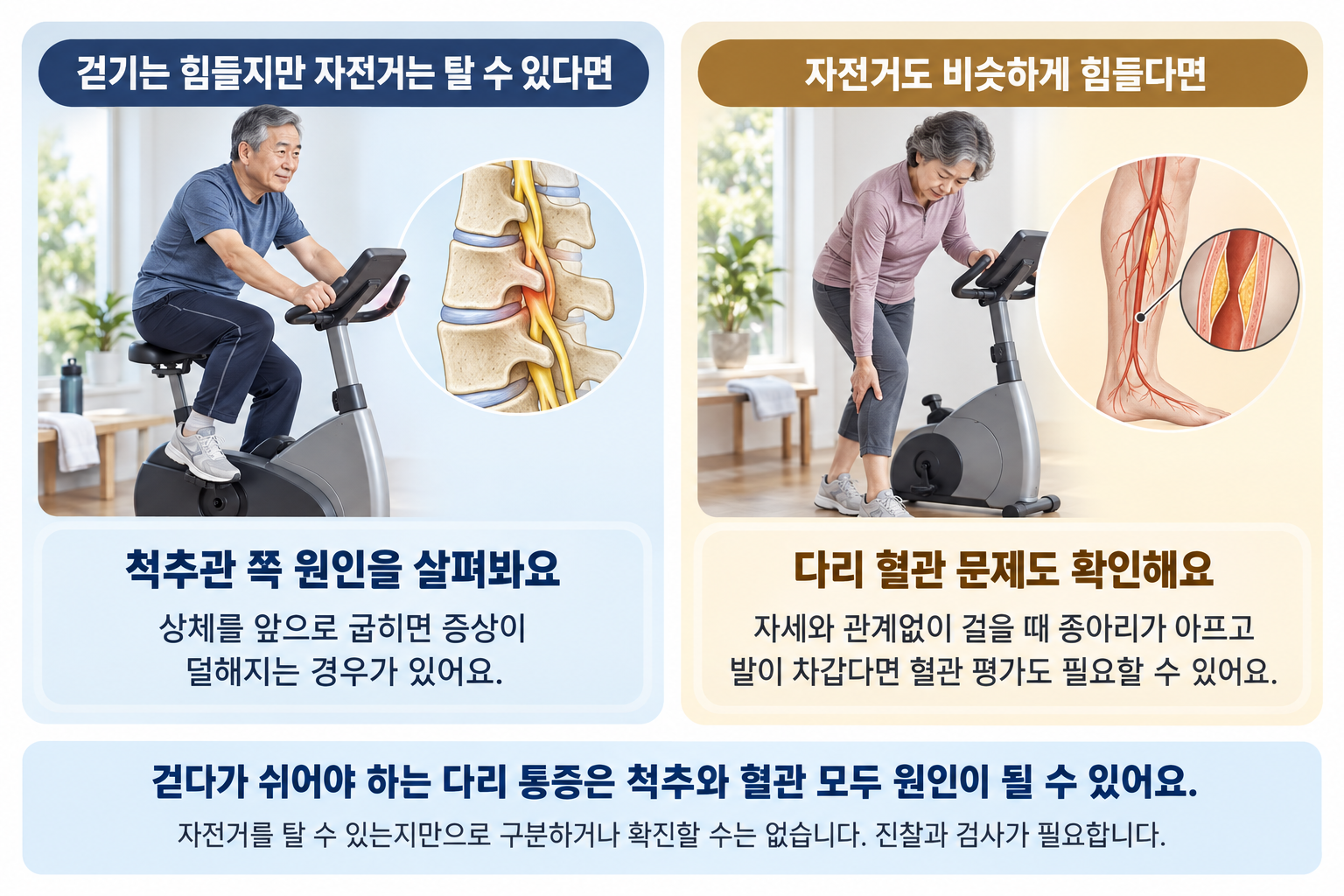 보행과 자전거 이용 시 다리 증상을 비교하고 진찰이 필요함을 설명한 그림